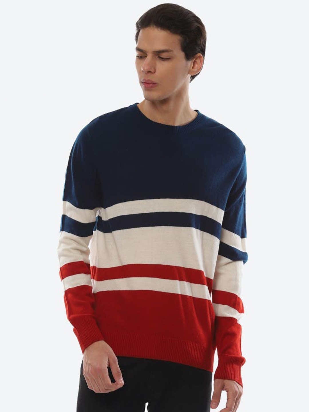 

2Bme Colourblocked Round Neck Cotton Pullover, Blue