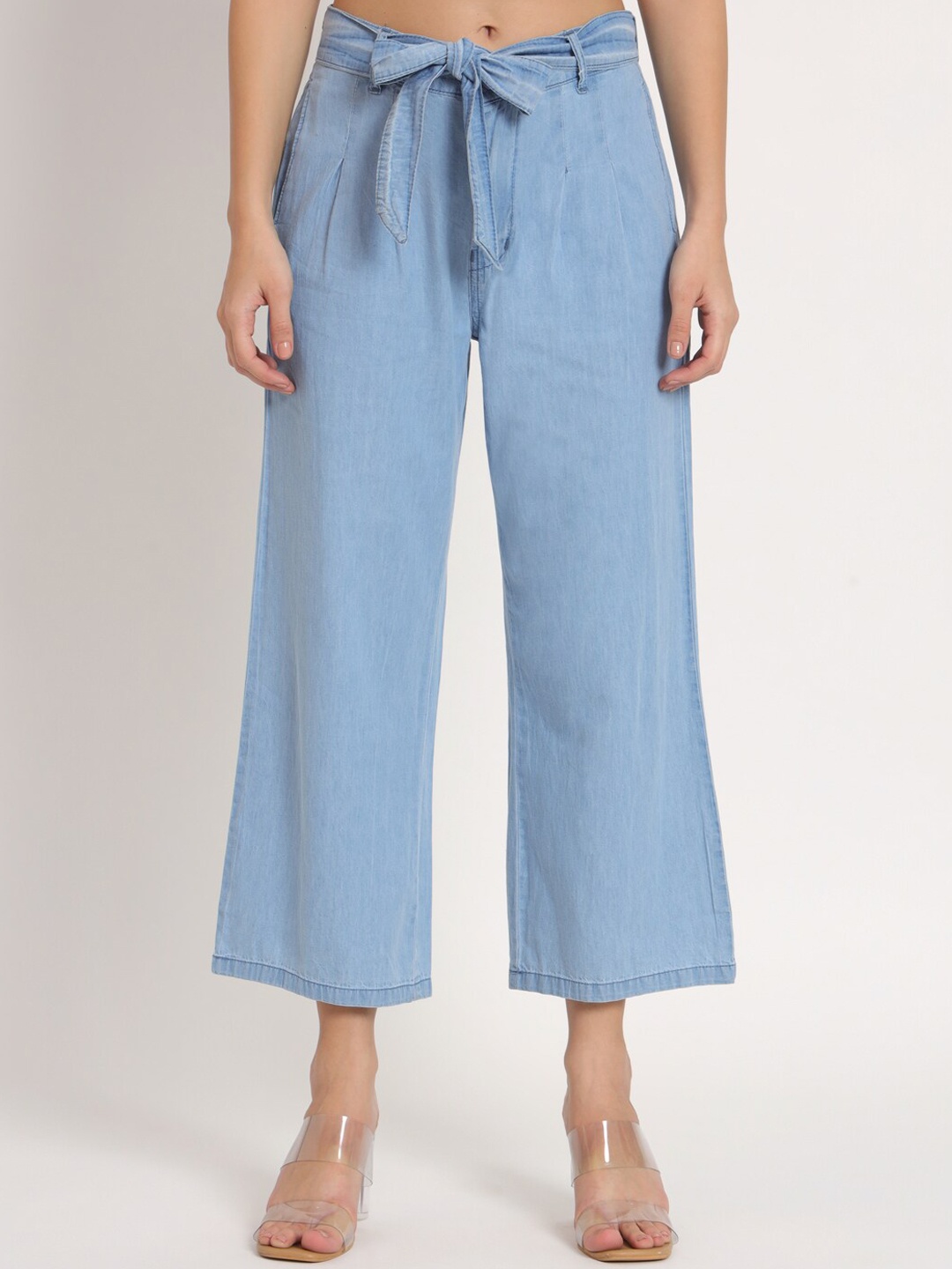 

BAESD Women Straight Fit High-Rise Pleated Denim Culottes Trousers, Blue