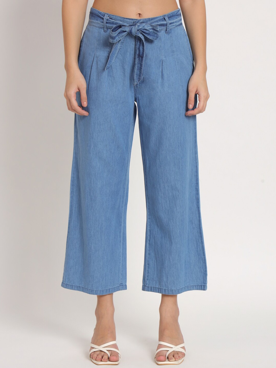 

BAESD Women Straight Fit High-Rise Pleated Denim Cropped Culottes, Blue
