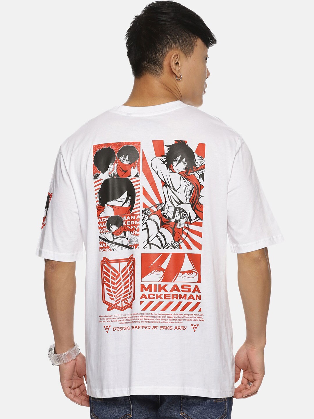 

Fans Army Attack On Titan Anime Printed Mikasa Ackerman Pure Cotton Oversized T-shirt, White