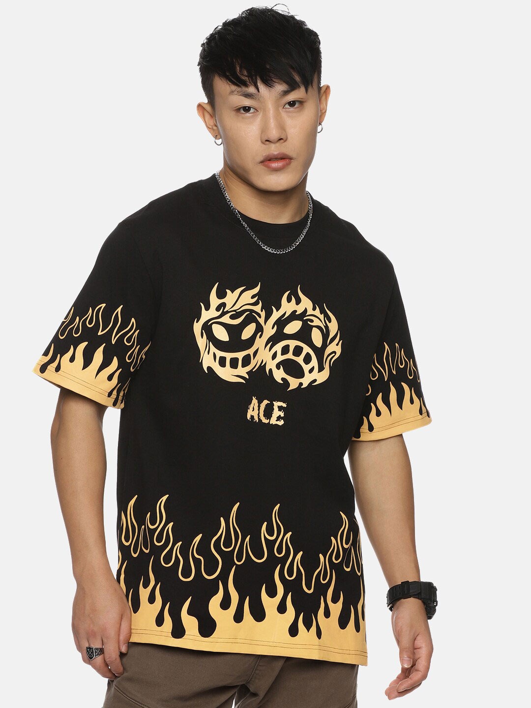 

Fans Army Portgas D Ace Printed Oversized Pure Cotton T-shirt, Black