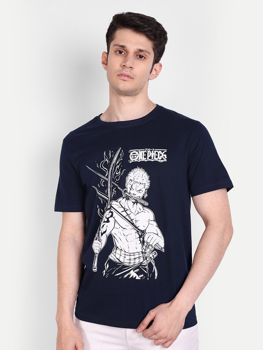 

Fans Army Anime Graphic Printed Roronoa Zoro Pure Cotton T-shirt, Navy blue