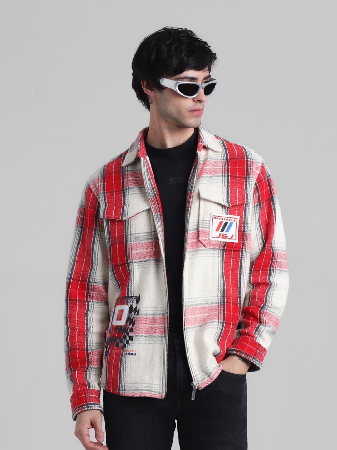 

Jack & Jones Oversized Checked Pure Cotton Casual Shacket, Red