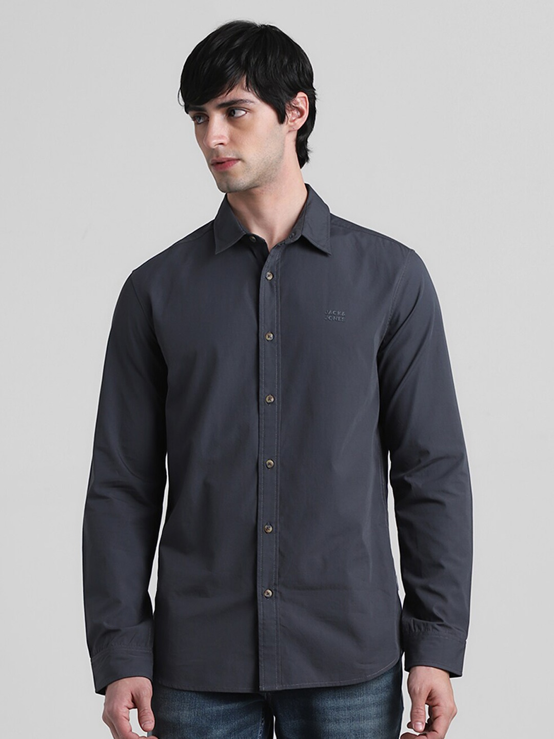 

Jack & Jones Slim Fit Opaque Spread Collar Cotton Casual Shirt, Grey