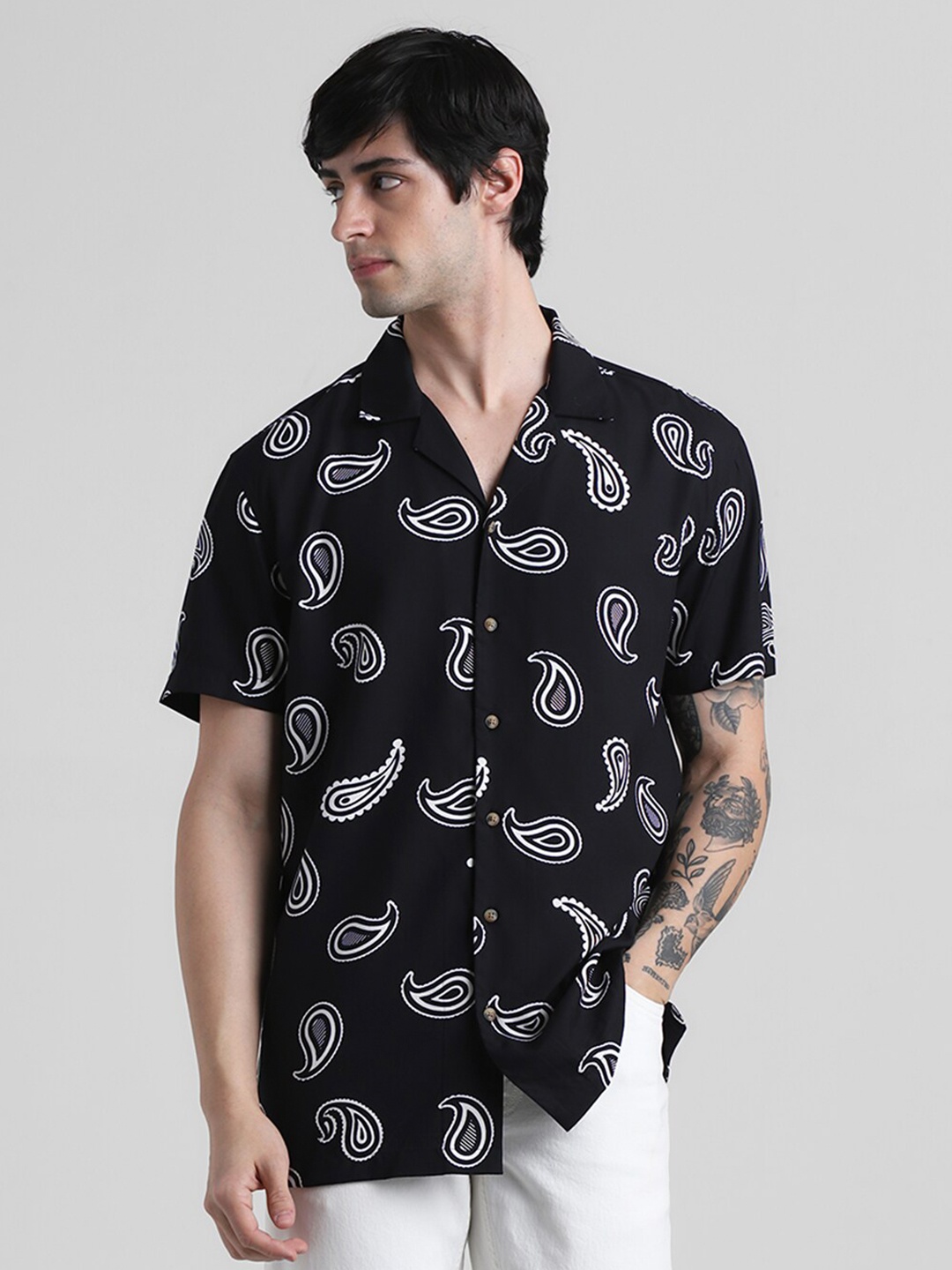 

Jack & Jones Ethnic Motifs Printed Cuban Collar Casual Shirt, Black