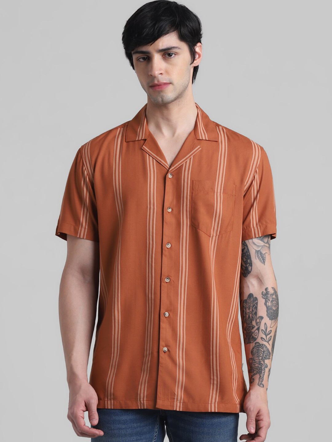 

Jack & Jones Vertical Stripes Cuban Collar Casual Shirt, Brown