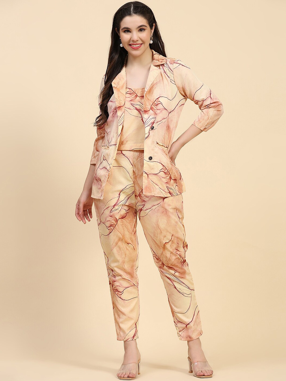 

KALINI Abstract Printed Shoulder Straps Crop Top With Trousers & Blazer, Orange