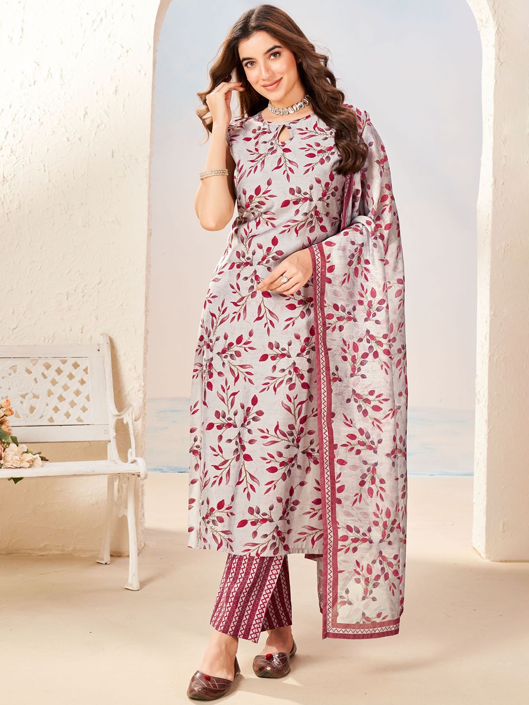

KALINI Floral Printed Keyhole Neck Straight Kurta & Trousers with Dupatta, Grey