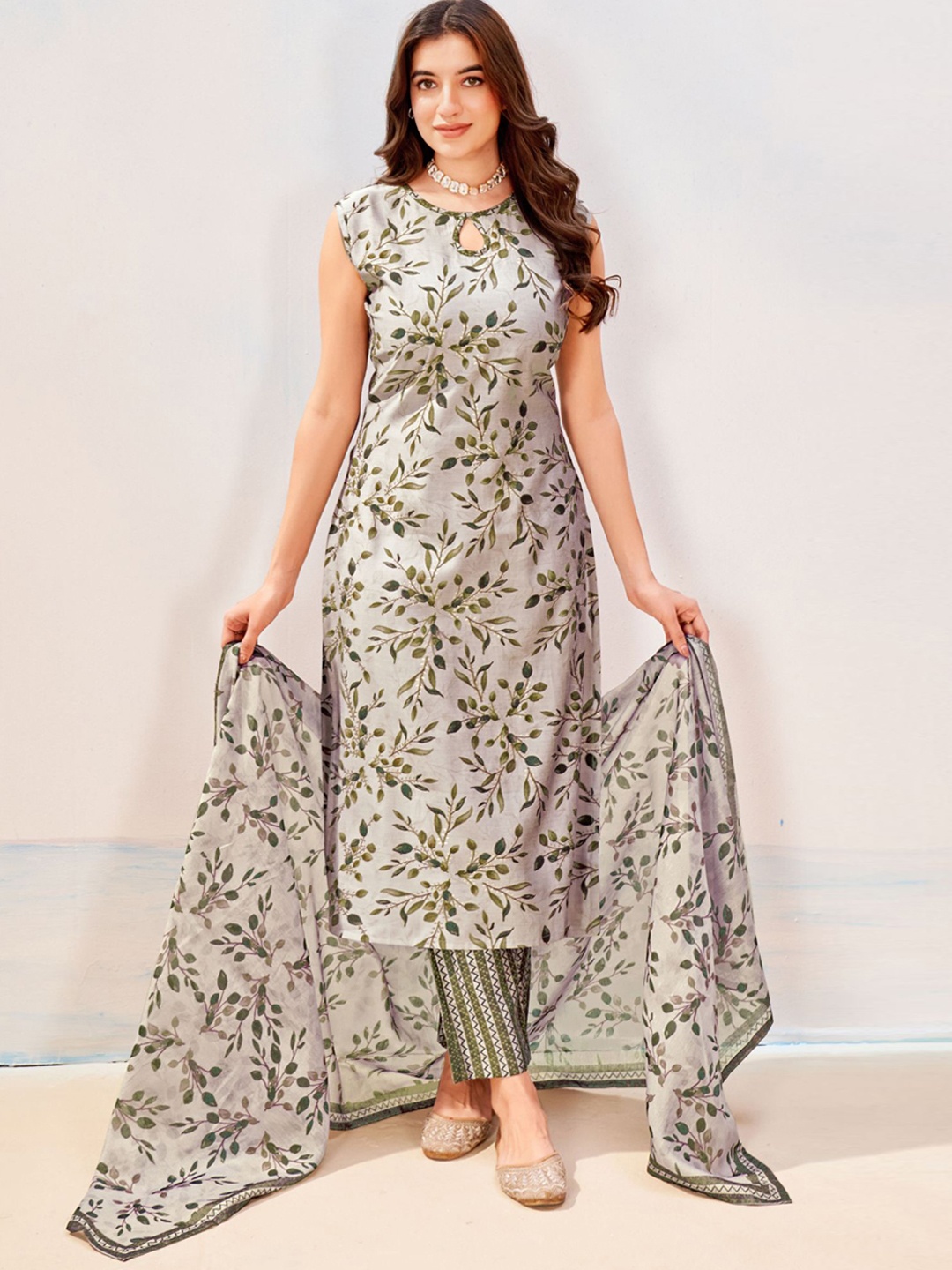 

KALINI Floral Printed Keyhole Neck Straight Kurta & Trousers With Dupatta, Grey
