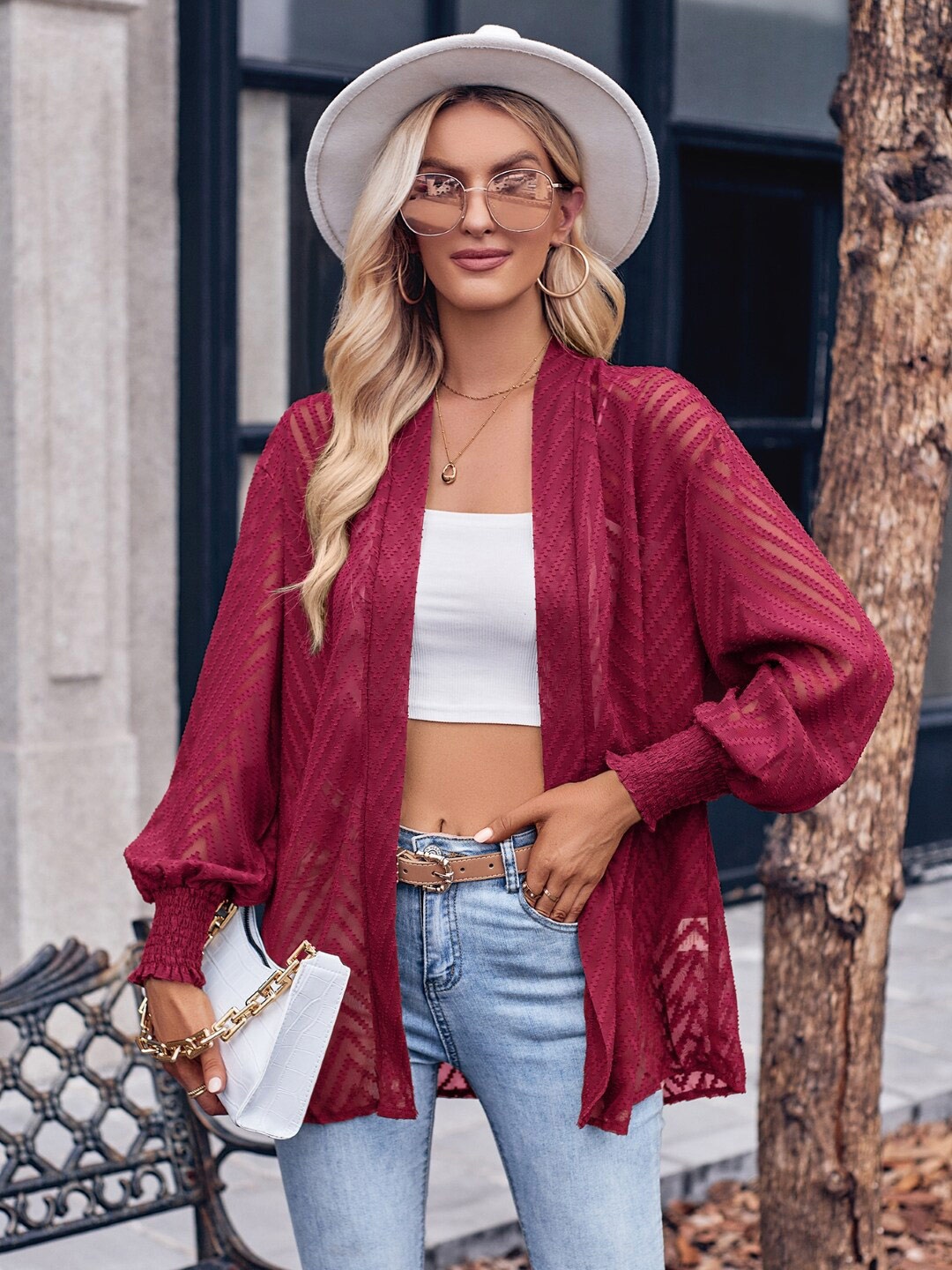 

StyleCast Maroon Self Design Open Front Shrug