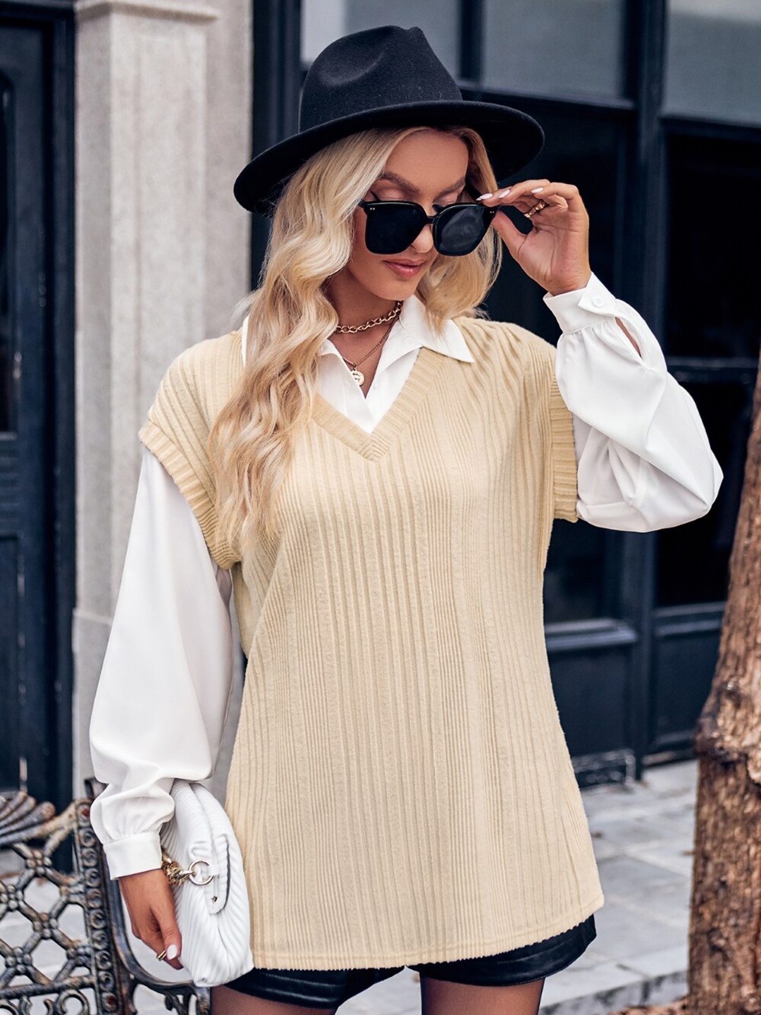 

StyleCast V-Neck Self Design Sweater Vest, Cream