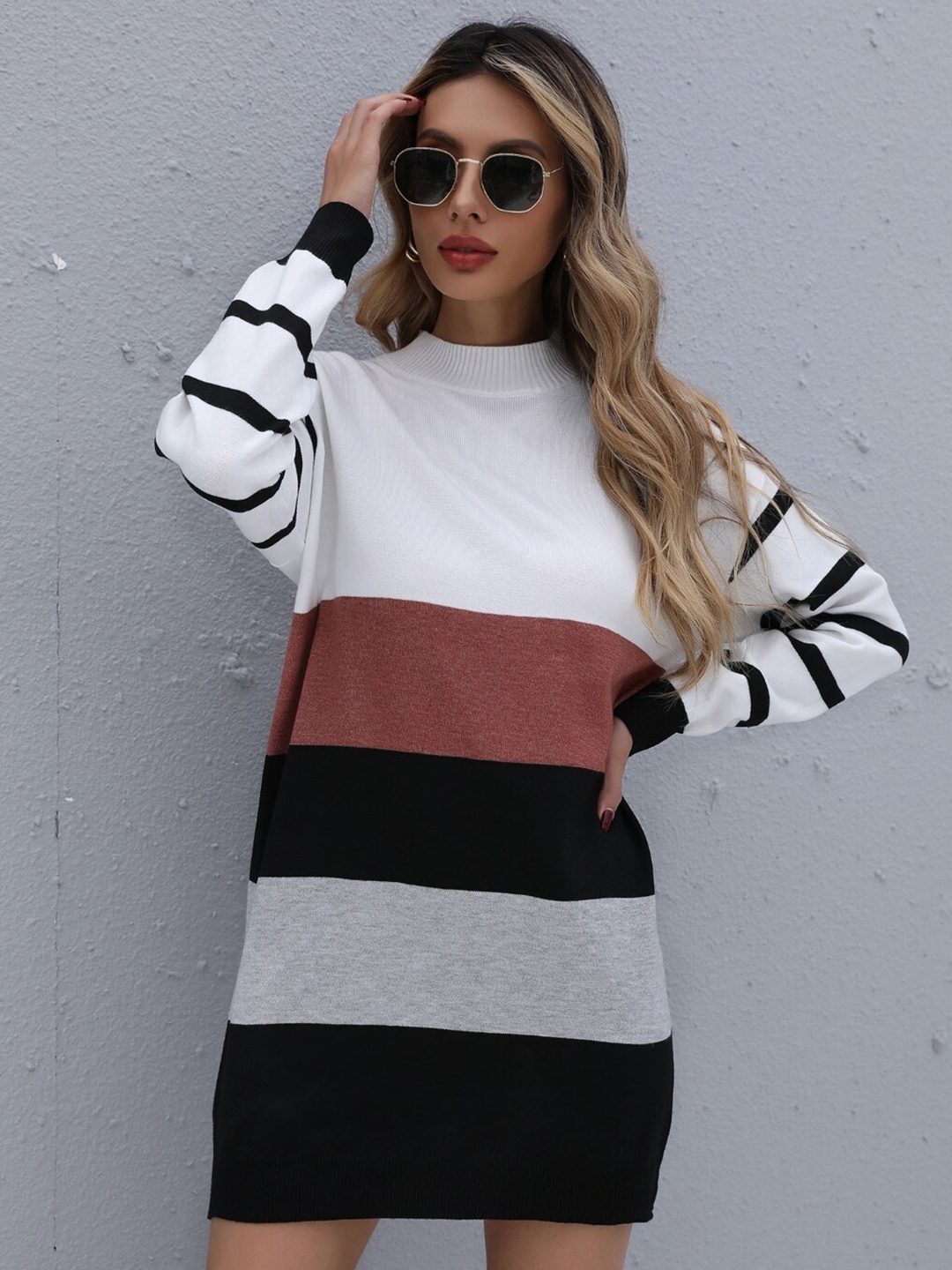 

StyleCast Striped High Neck Longline Pullover Sweater, Black
