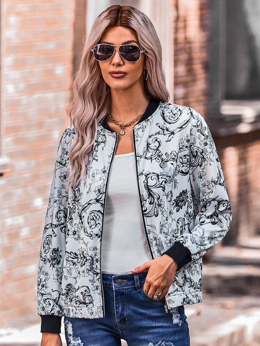 

StyleCast Stand Collar Floral Printed Open Front Jacket, Black
