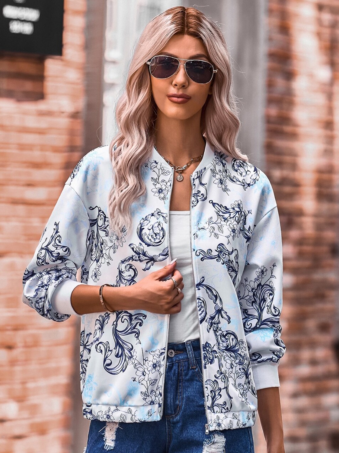 

StyleCast Blue Floral Printed Stand Collar Bomber Jacket