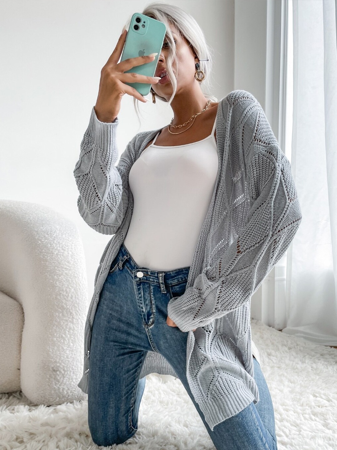 

StyleCast Grey Open Knit Shawl Neck Long Sleeves Longline Front-Open Sweater