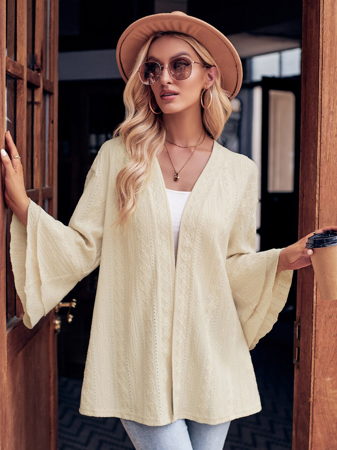 

StyleCast Beige Self Designed Bell Sleeves Tailored Jacket