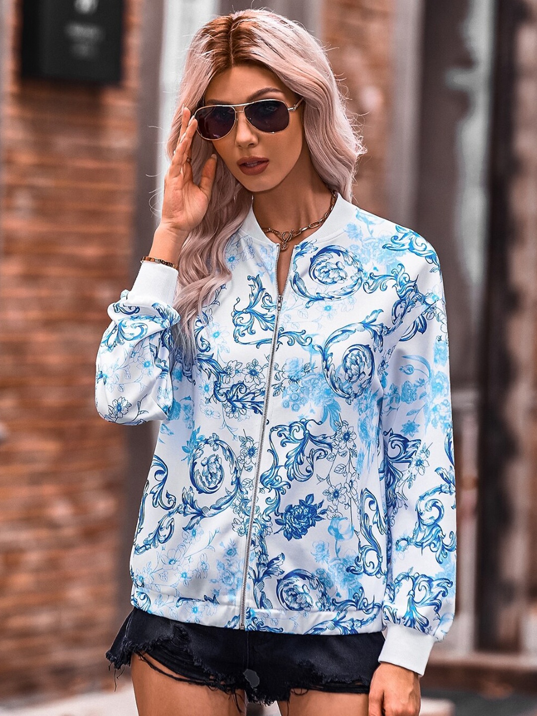 

StyleCast Navy Blue & White Floral Printed Mock Collar Tailored Jacket