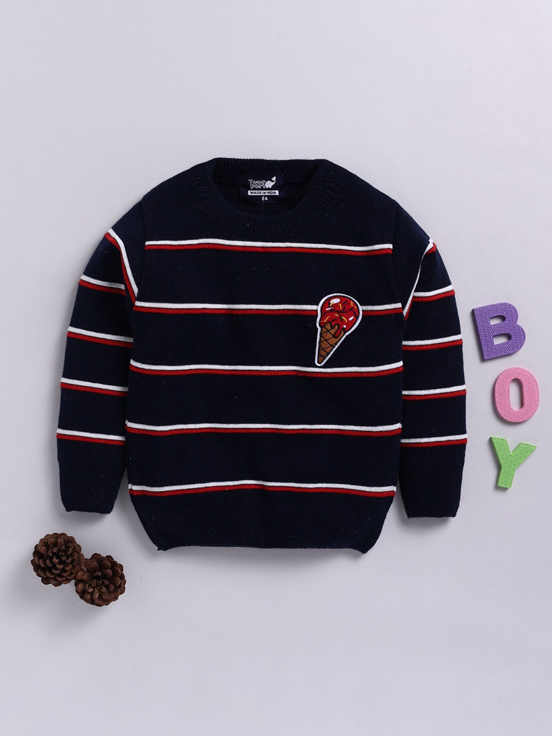 

Toonyport Boys Striped Woollen Pullover, Navy blue