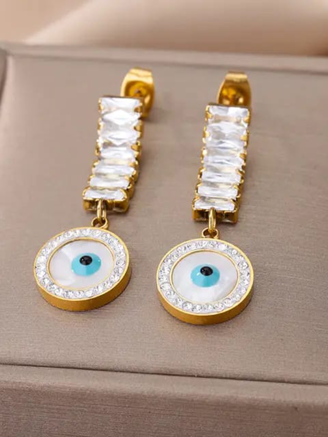 

KRYSTALZ Stainless Steel Gold Plated Cubic Zirconia Studded Evil Eyes Drop Earrings