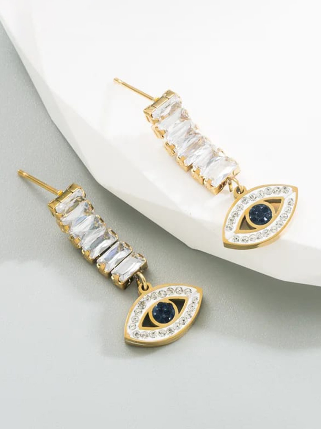 

KRYSTALZ Stainless Steel Gold Plated Cubic Zirconia Studded Evil Eyes Drop Earrings
