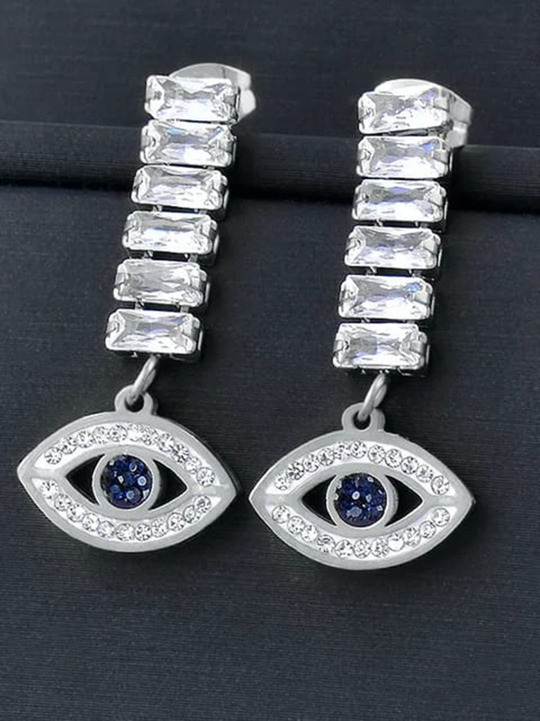 

KRYSTALZ Stainless Steel Cubic Zirconia Studded Evil Eyes Drop Earrings, Silver