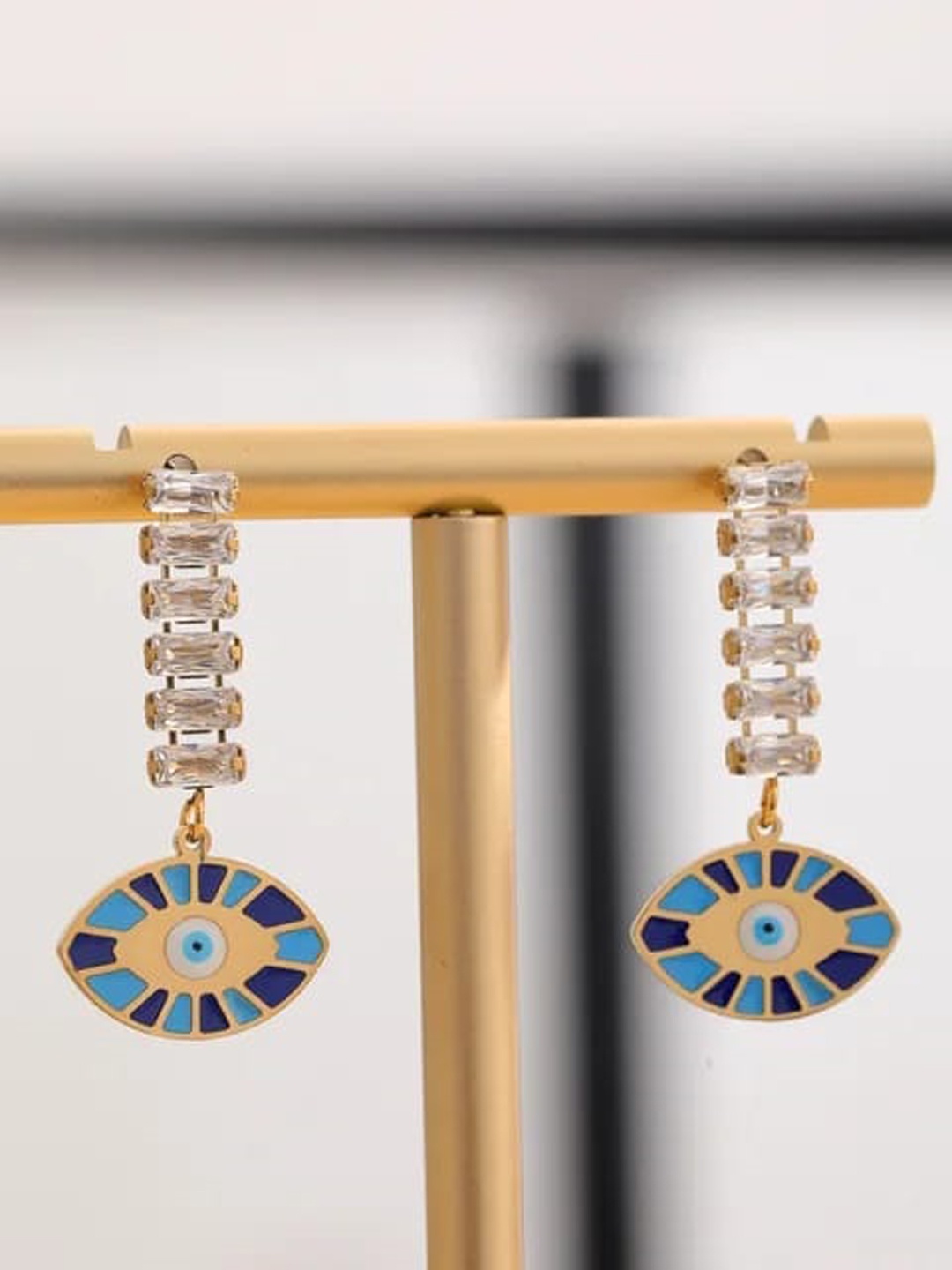 

KRYSTALZ Stainless Steel Gold Plated Cubic Zirconia Studded Evil Eyes Drop Earrings