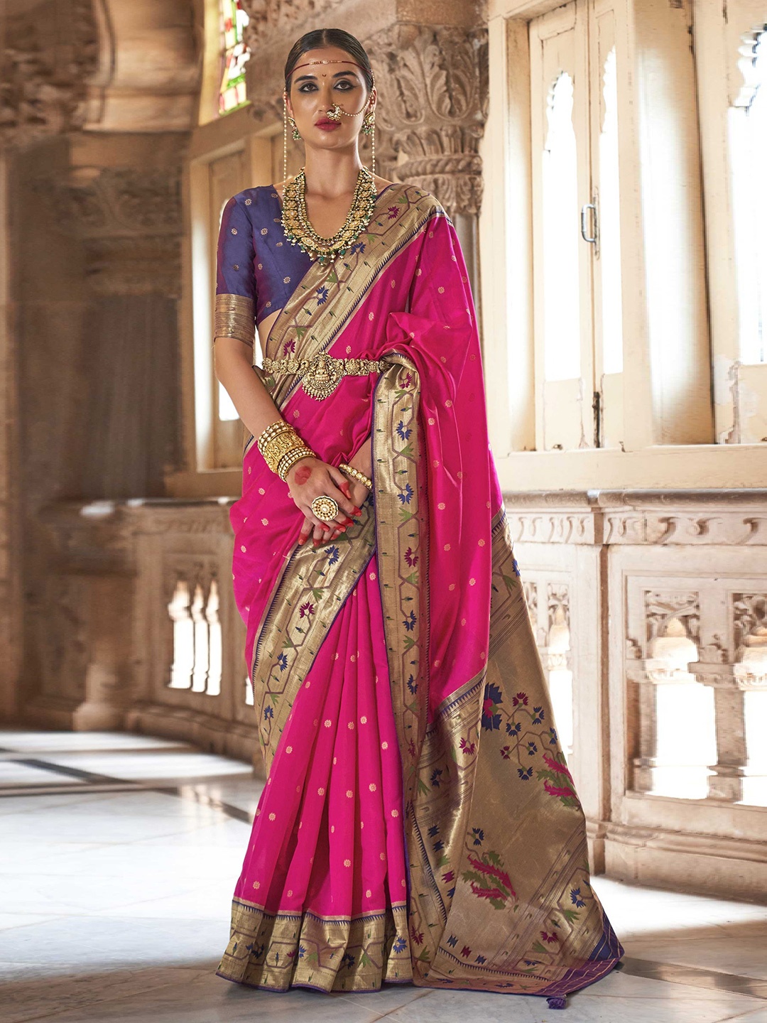 

Mitera Floral Woven Design Zari Paithani Saree, Pink