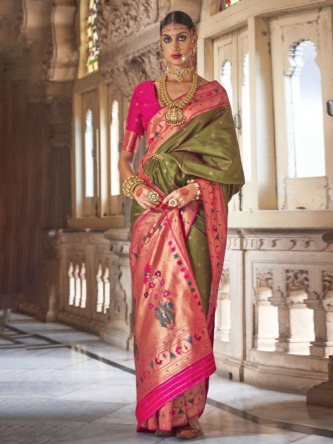 

Mitera Floral Woven Design Zari Paithani Saree, Green