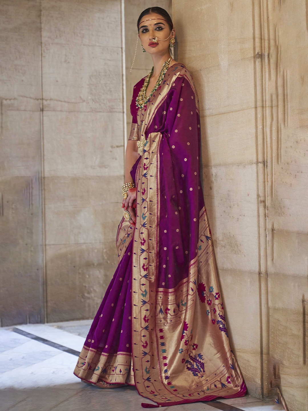 

Mitera Floral Woven Design Zari Paithani Saree, Purple