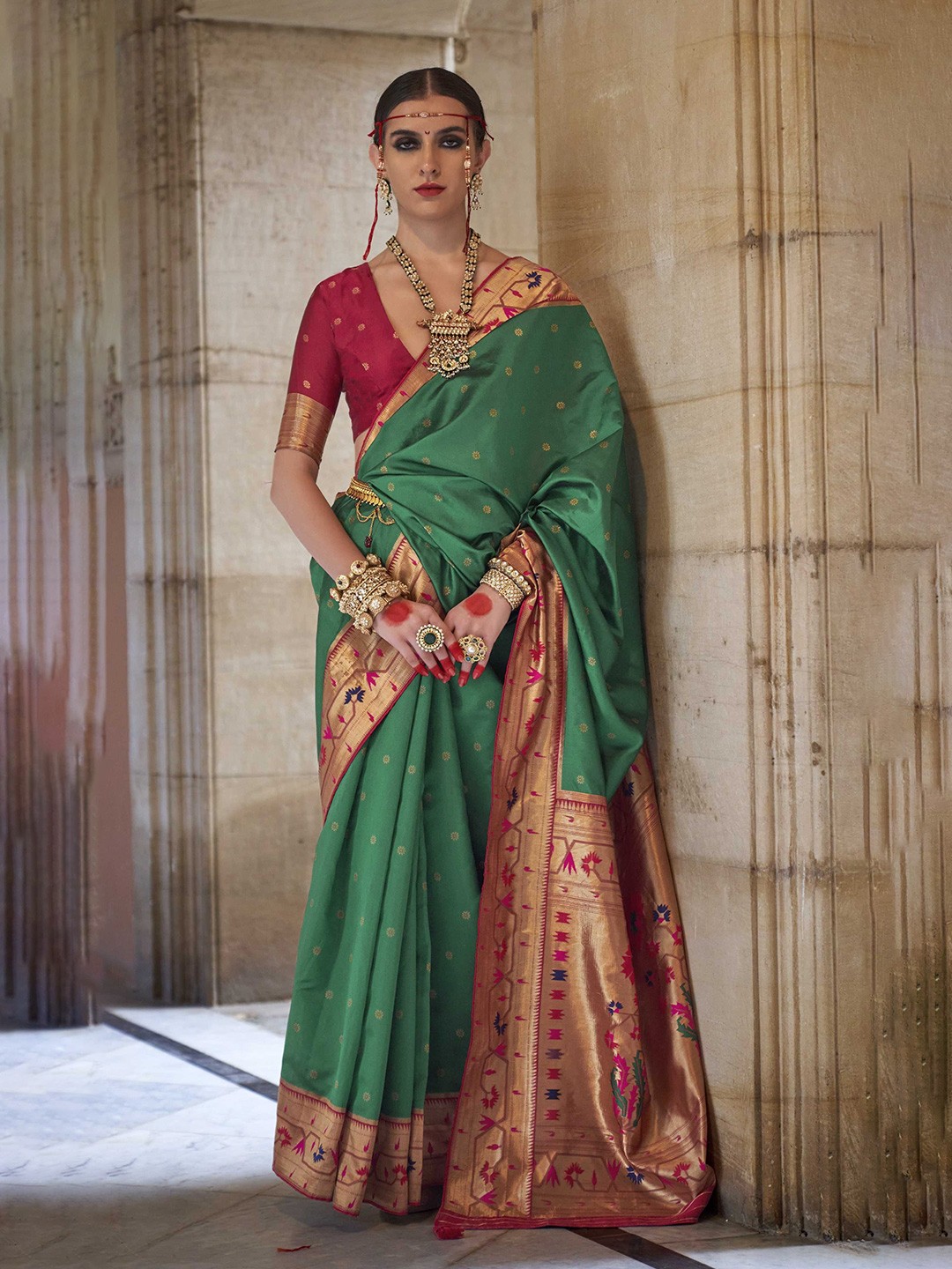 

Mitera Floral Woven Design Zari Paithani Saree, Green