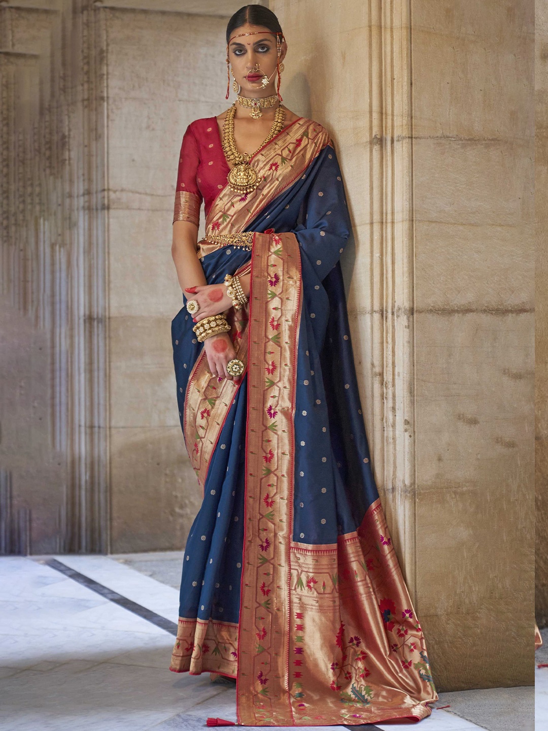 

Mitera Navy Blue & Pink Woven Design Zari Paithani Saree
