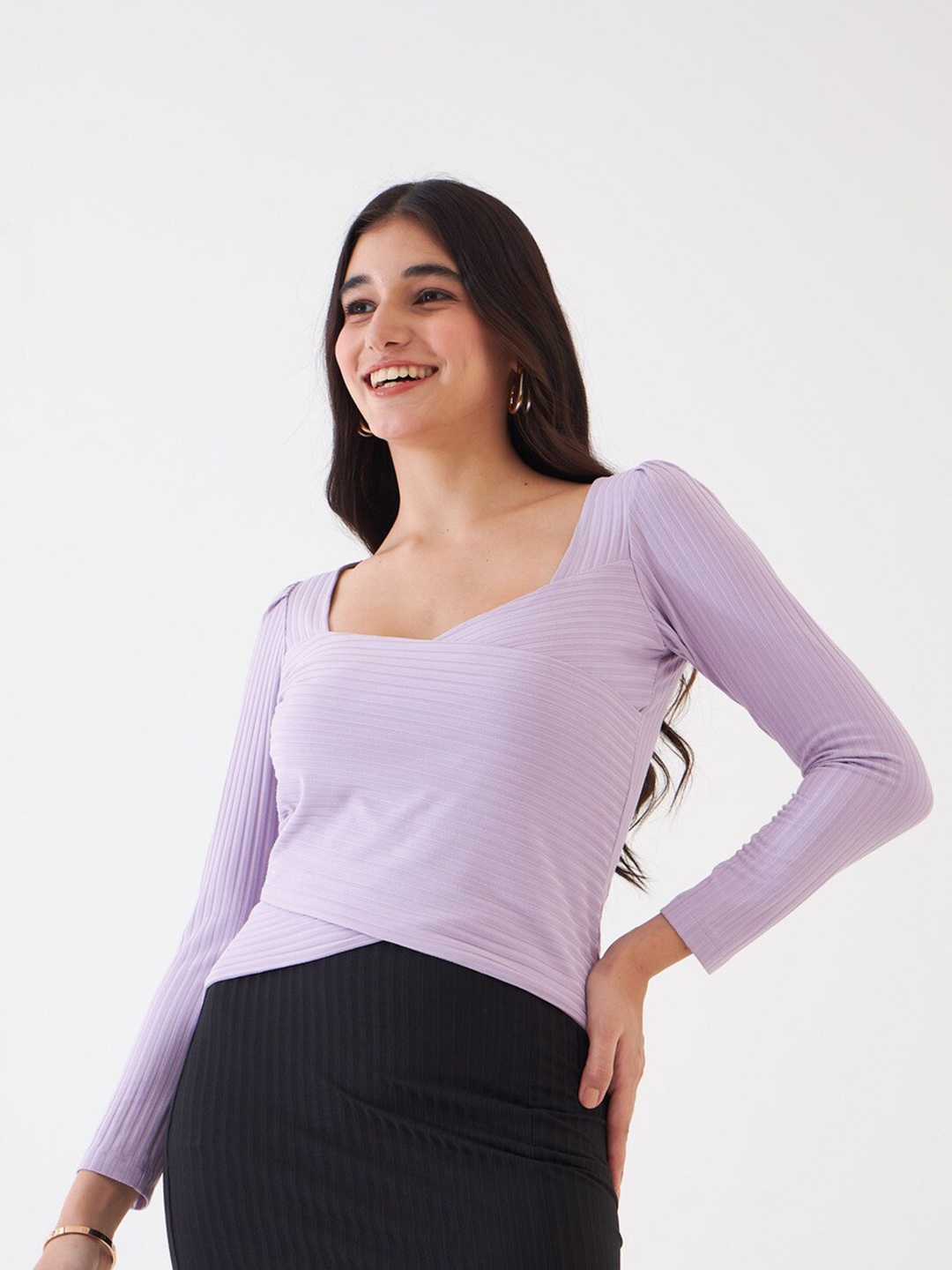 

SALT ATTIRE Vertical Striped Sweetheart Neck Knits Fitted Top, Purple