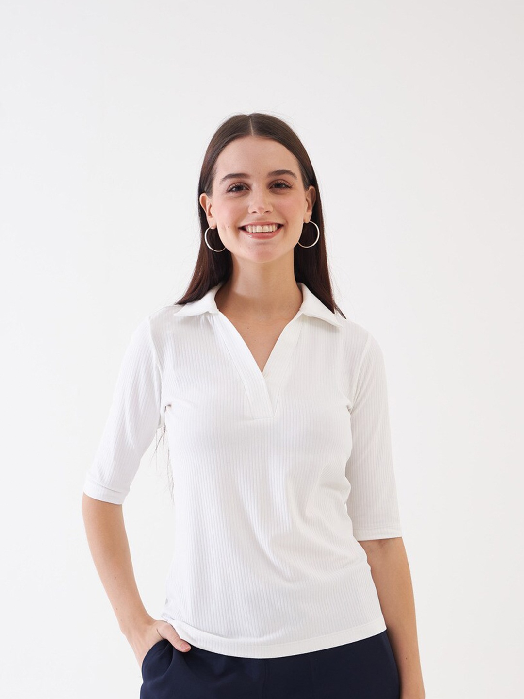 

SALT ATTIRE Vertical Striped Shirt Collar Knits Top, White