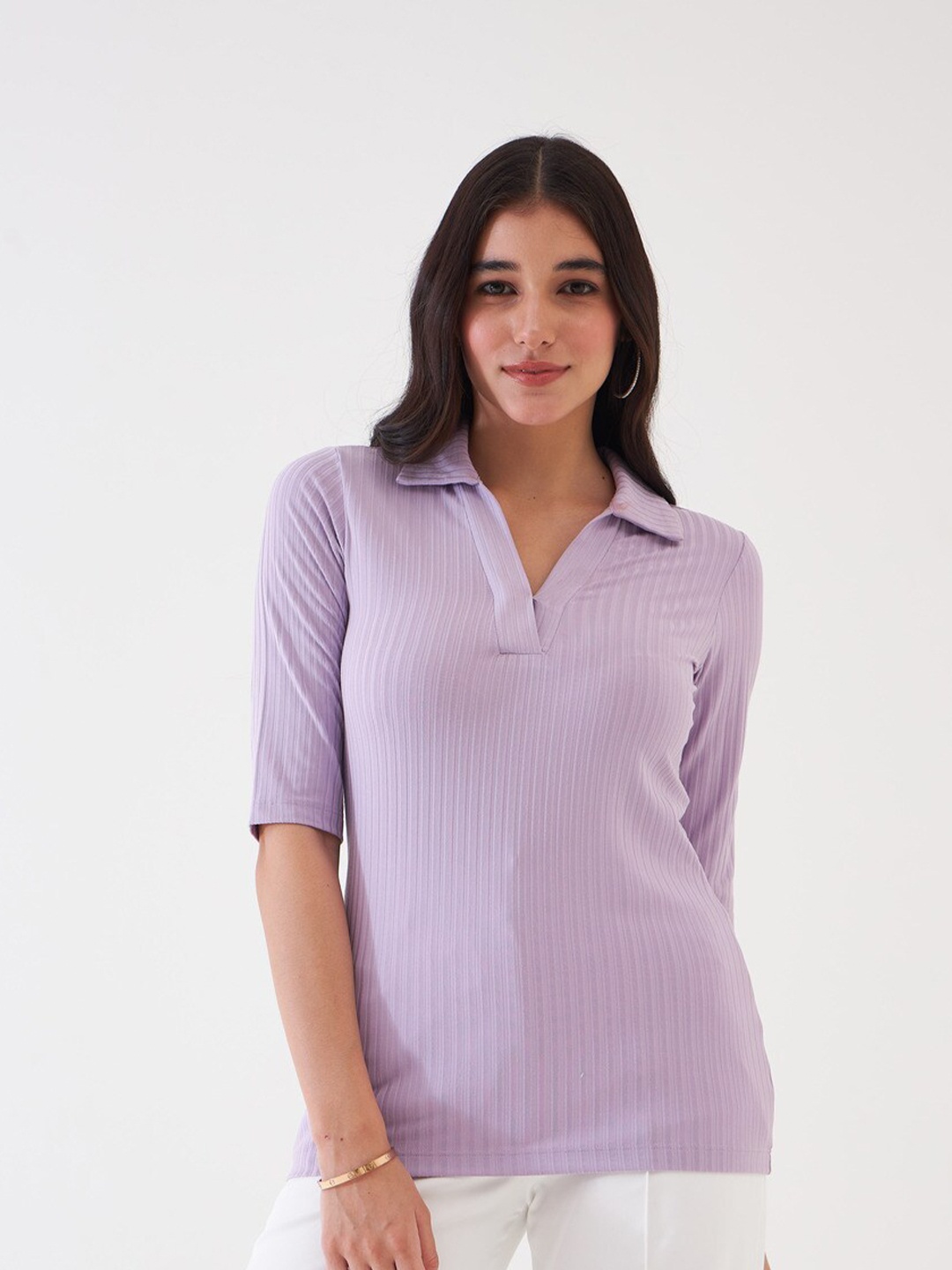 

SALT ATTIRE Vertical Stripes Shirt Collar Regular Top, Purple