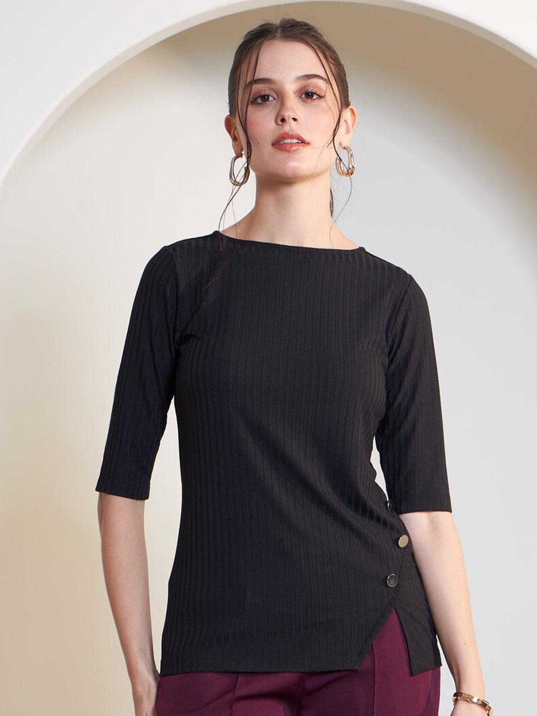 

SALT ATTIRE Vertical Stripes Regular Top, Black