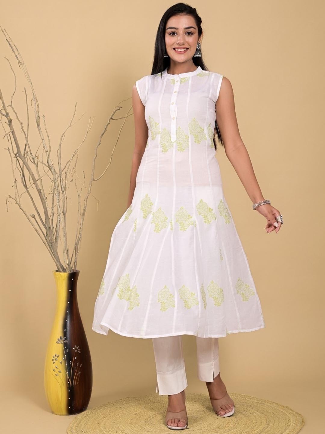 

Ramas Floral Woven Design Mandarin Collar Cotton Anarkali Kurta, White