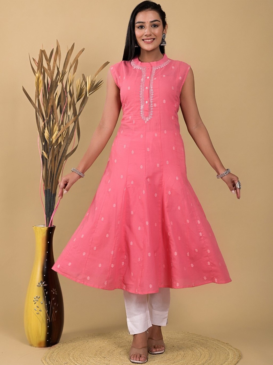 

Ramas Ethnic Motifs Woven Design Mandarin Collar Thread Work Detail Cotton A-Line Kurta, Pink