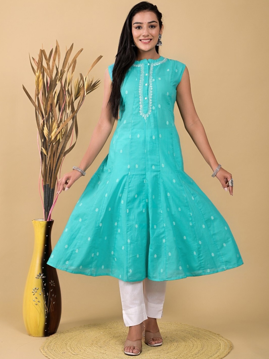 

Ramas Ethnic Motifs Woven Design Mandarin Collar Thread Work Detail Cotton A-Line Kurta, Sea green