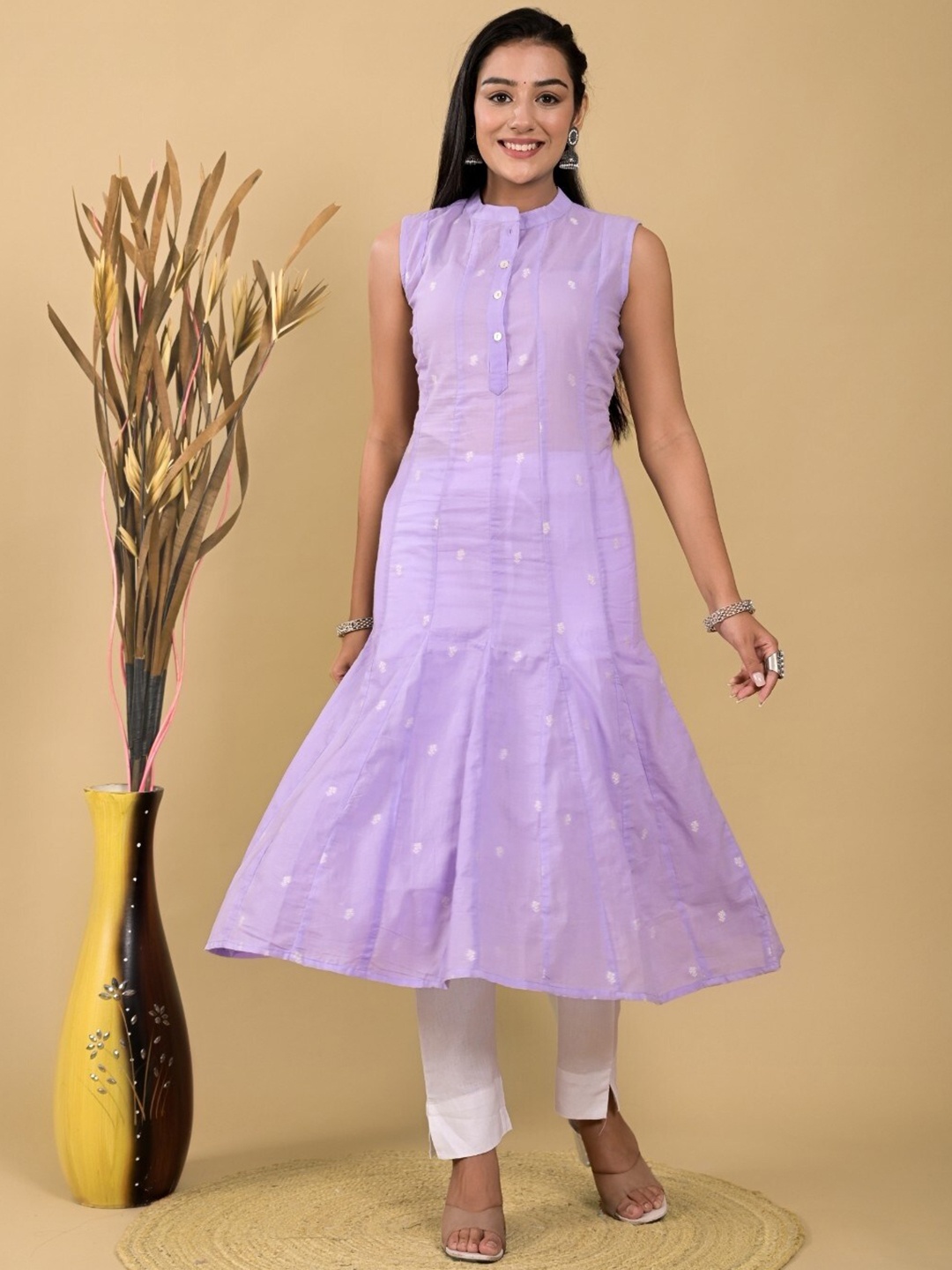 

Ramas Ethnic Motifs Woven Design Mandarin Collar Panelled Cotton A-Line Kurta, Lavender