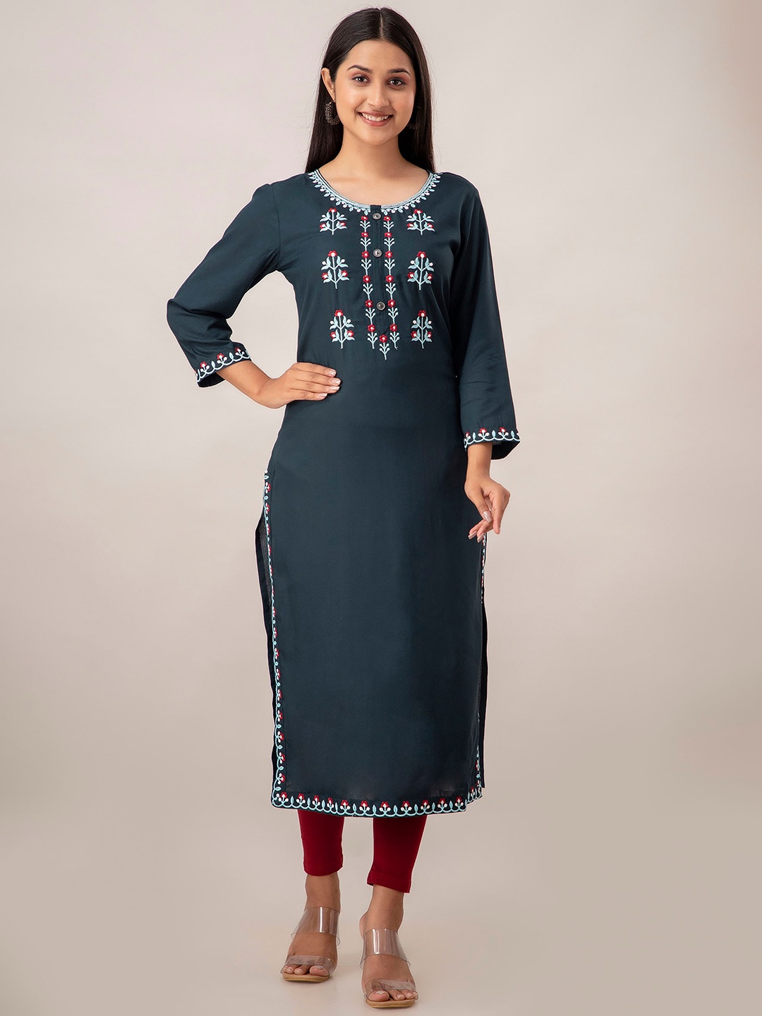 

CKM Floral Embroidered Kurta, Teal