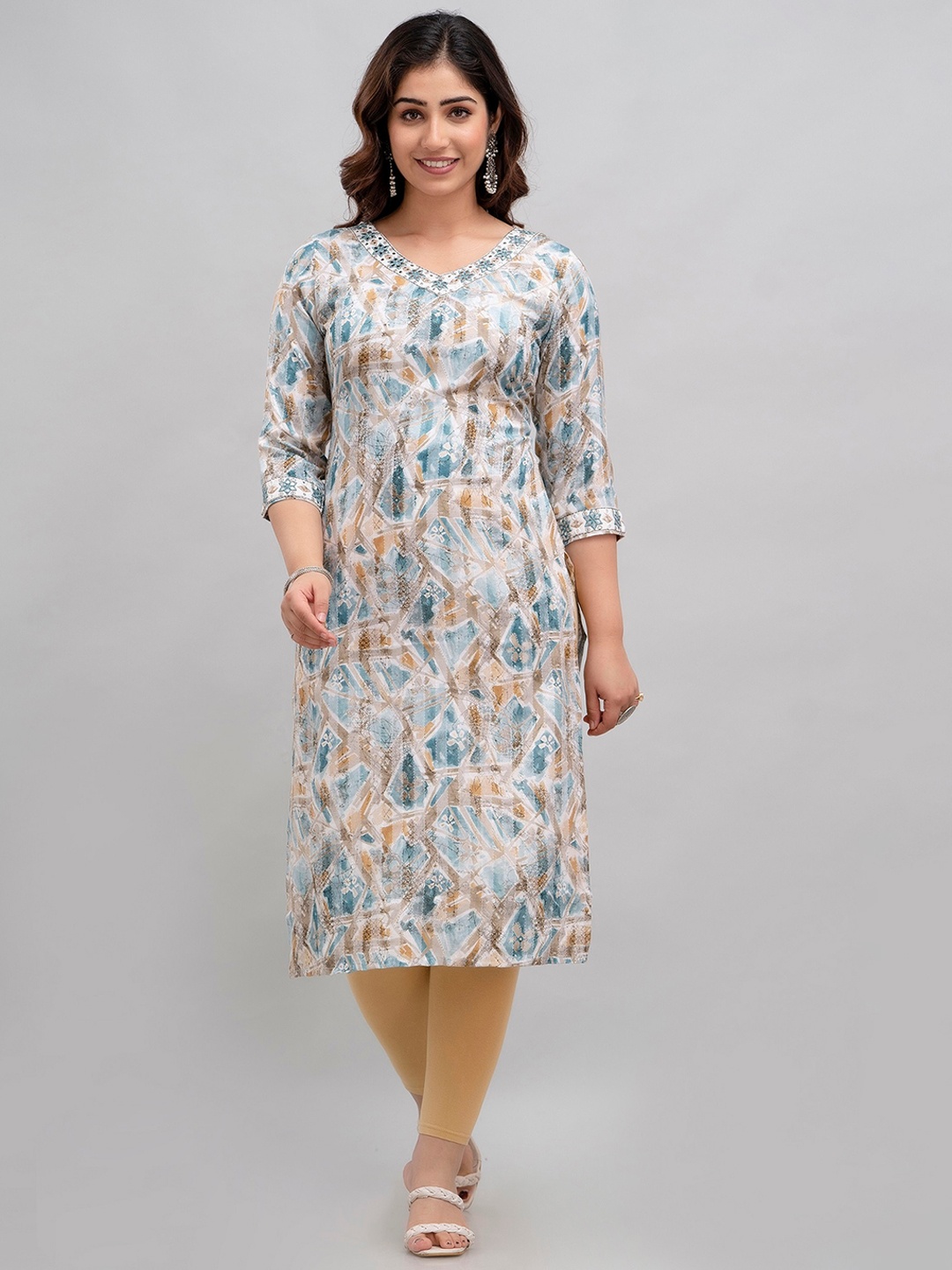 

CKM Abstract Printed Mirror Work Straight Kurta, Green