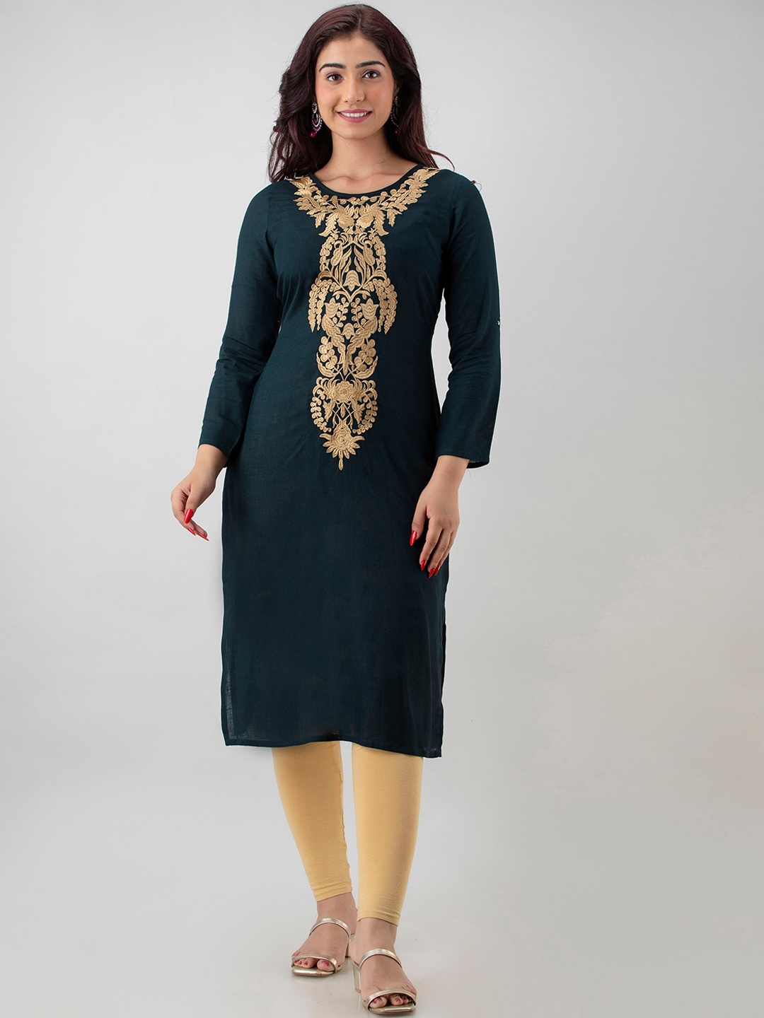 

CKM Ethnic Motifs Embroidered Straight Kurta, Teal