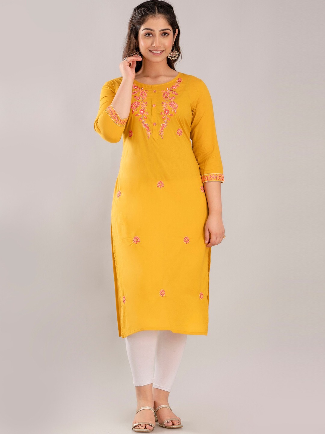 

CKM Floral Embroidered Straight Kurta, Mustard