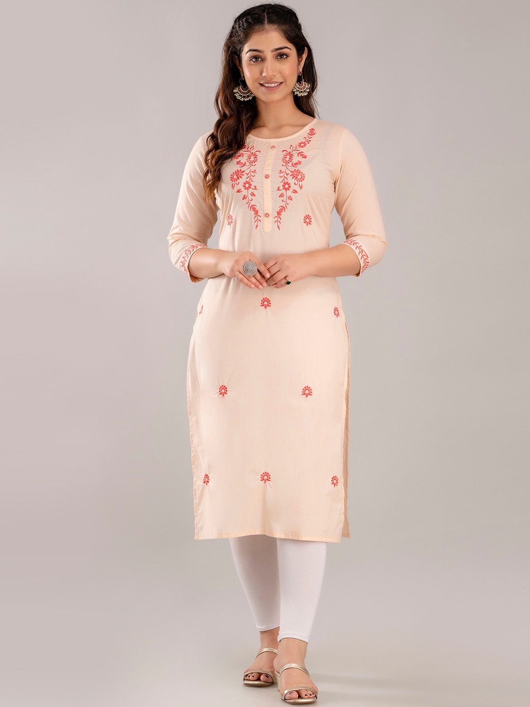 

CKM Floral Embroidered Straight Kurta, Cream