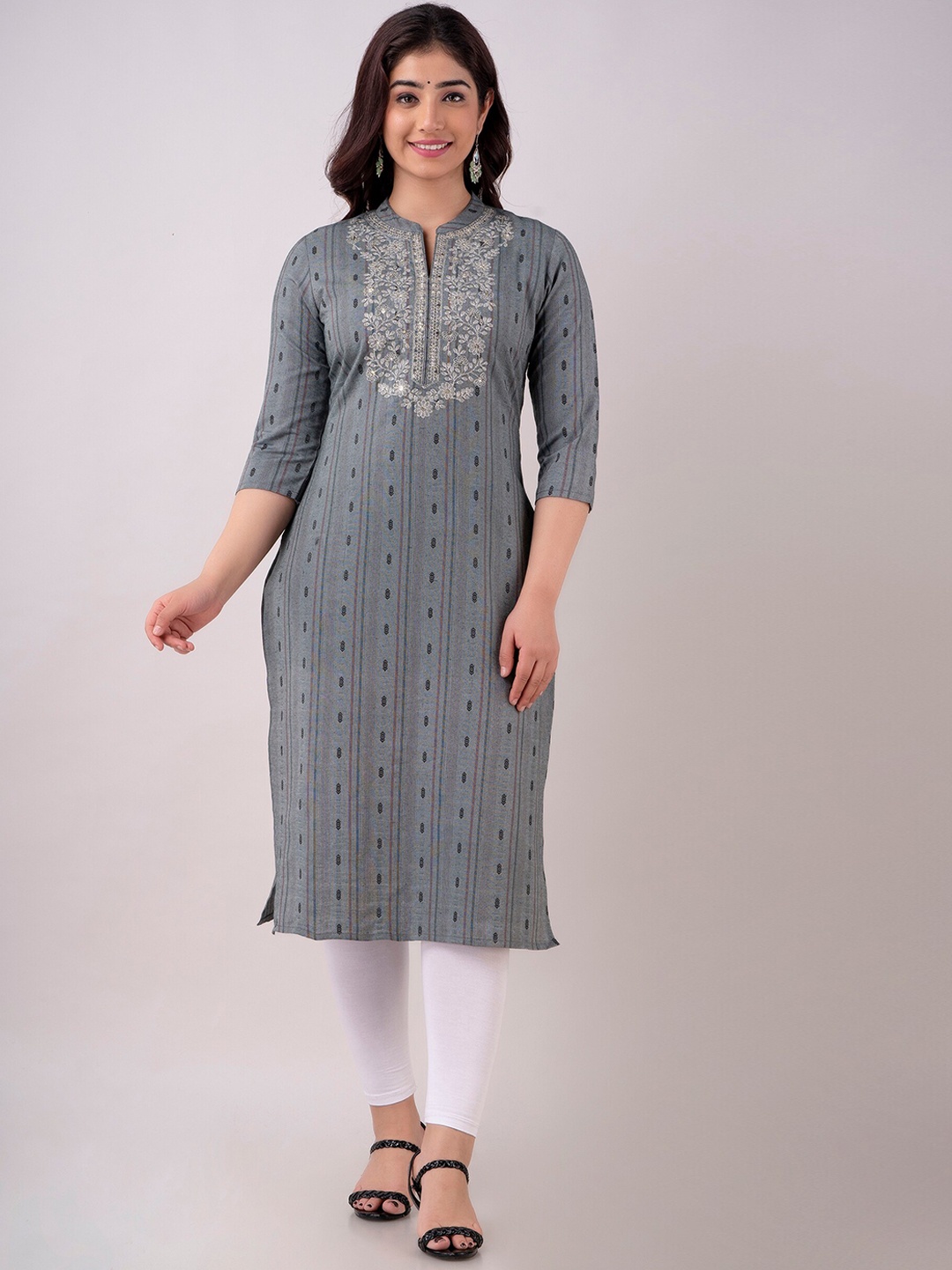 CKM Woven Design Sequinned Cotton Regular Kurta, Grey