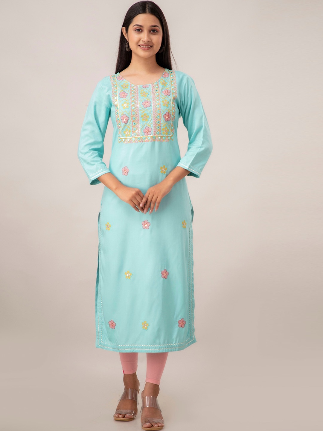 

CKM Floral Embroidered Straight Kurta, Blue
