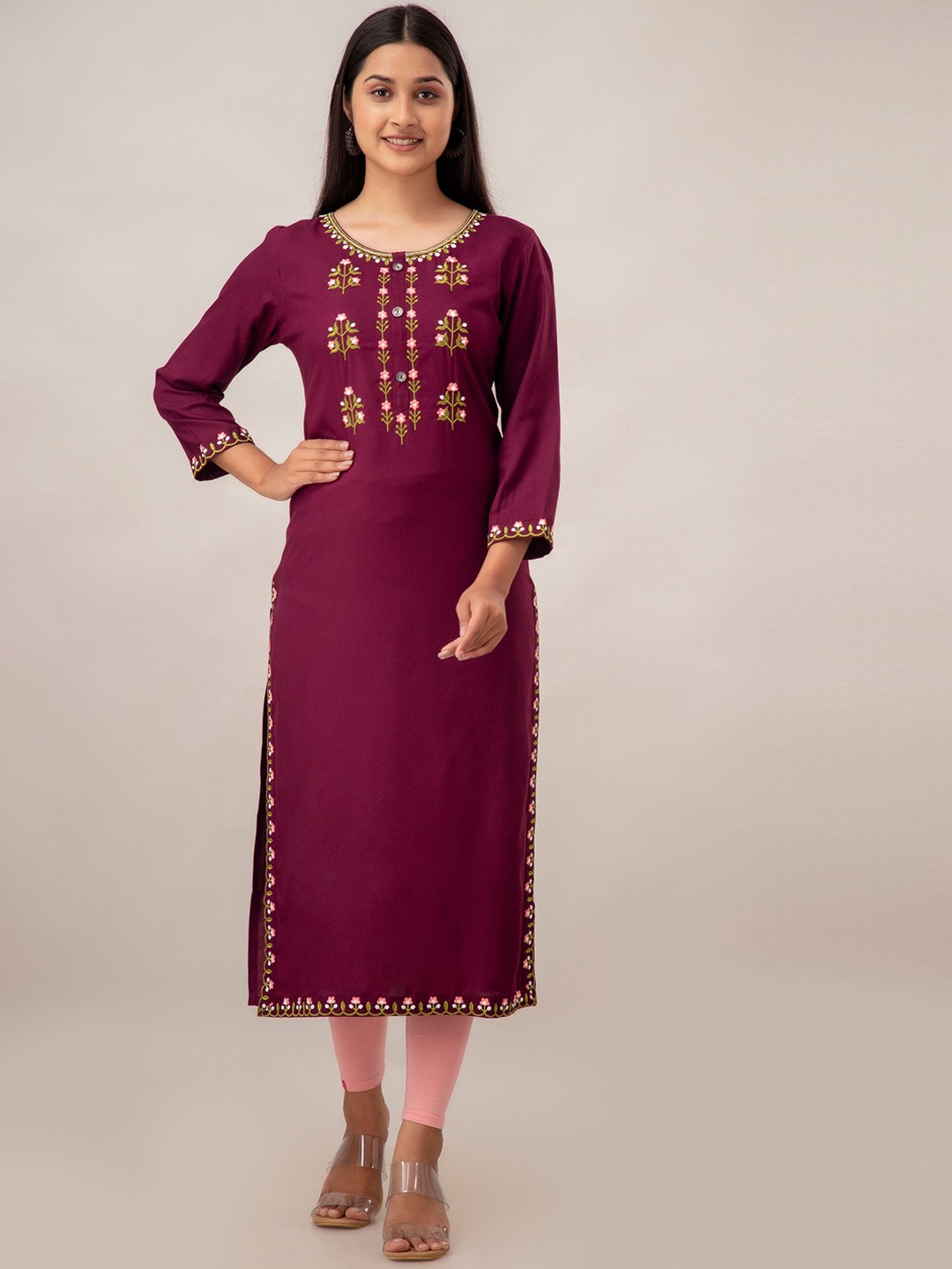 

CKM Floral Embroidered Straight Kurta, Maroon