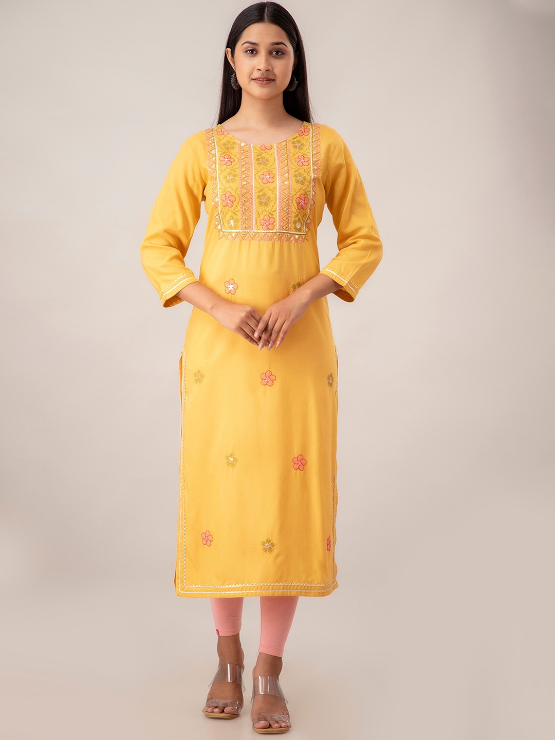 

CKM Ethnic Motifs Embroidered Sequinned Straight Kurta, Mustard