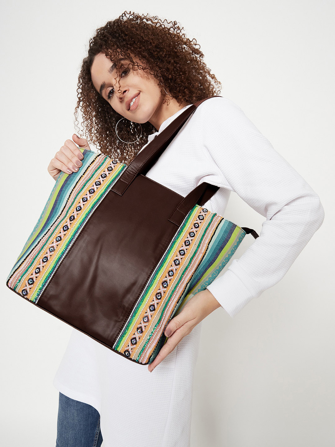 

Anouk Ethnic Motifs Printed Oversized Cotton Jacquard Structured Shoulder Bag, Brown