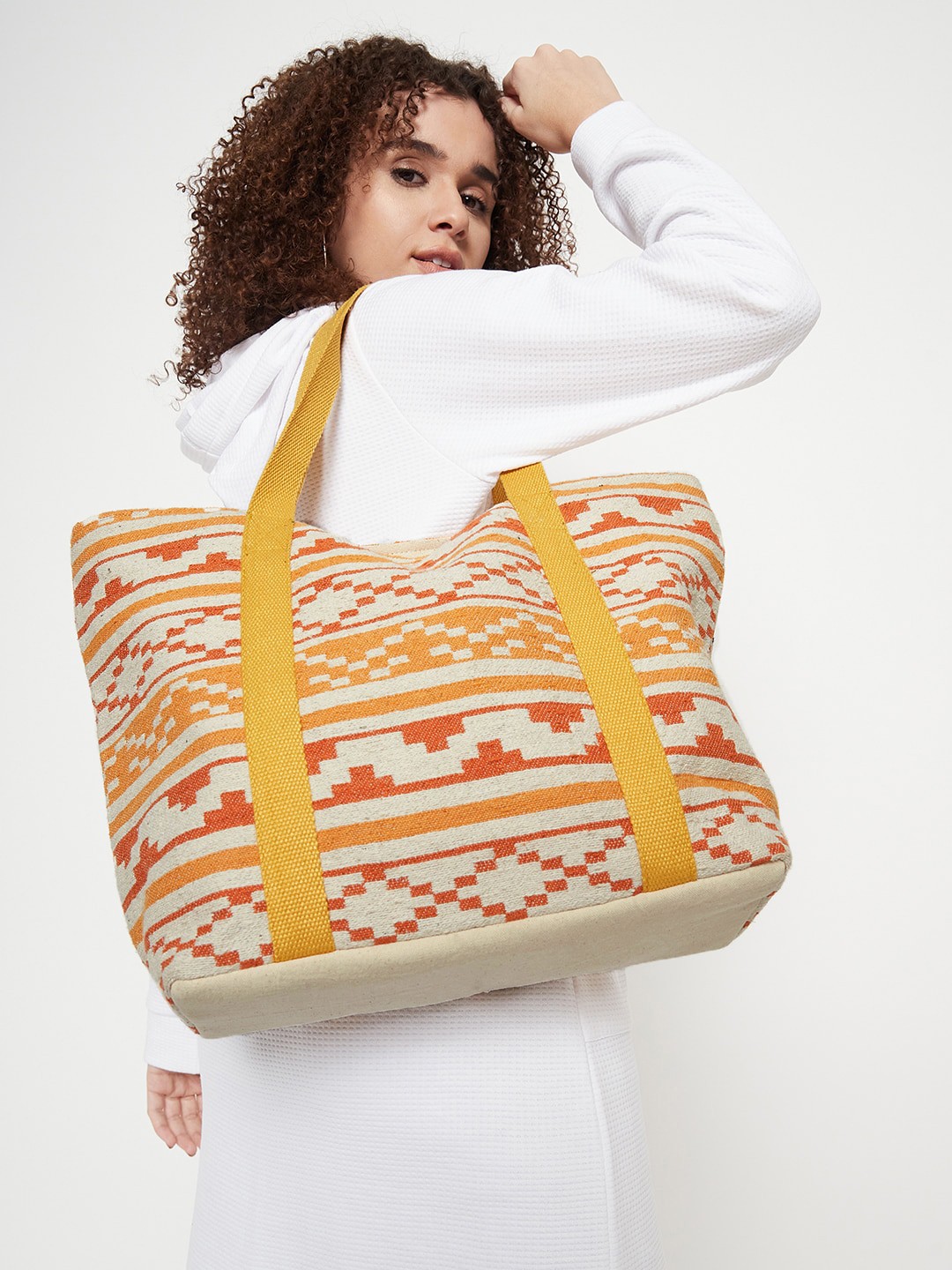 

Anouk Brown Geometric Printed Cotton Oversized Tote Bag, Beige